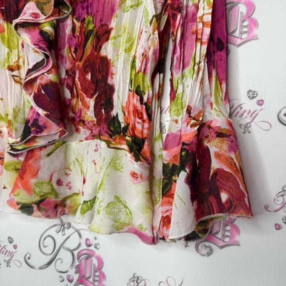 Sunny Leigh blouse ruffle frill hem bell bottom sleeve cuffs floral pleated luxe - Picture 13 of 14